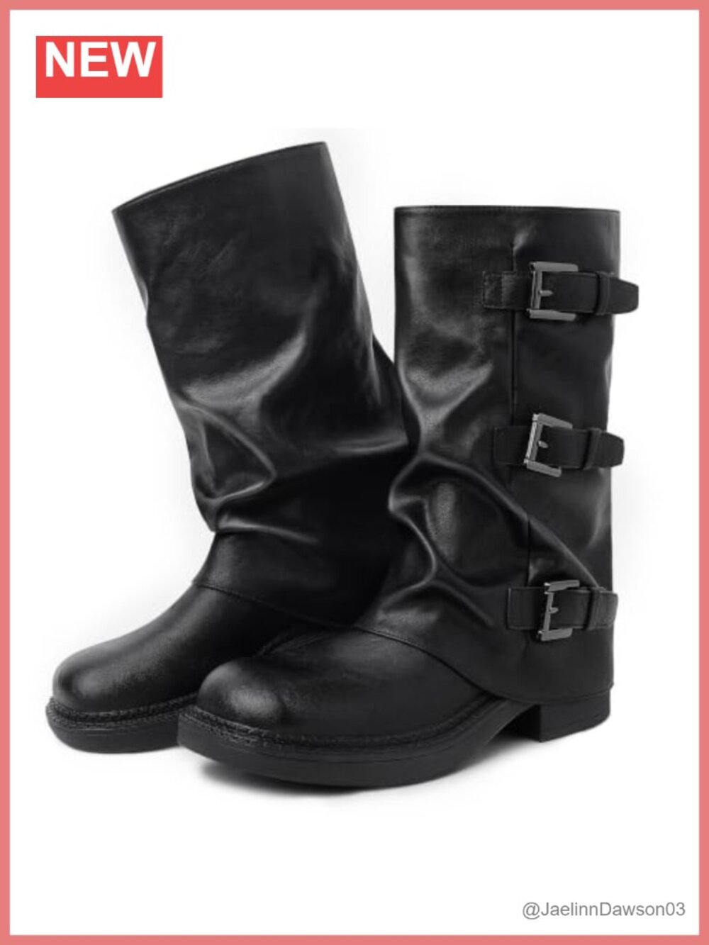 Womens Ruched Mid Calf Boots Chunky Heel Buckle PU